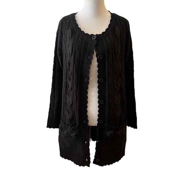 GLACIER CABLE KNIT SCALLOPED EDGE CARDIGAN BLACK SIZE LARGE - Picture 1 of 14